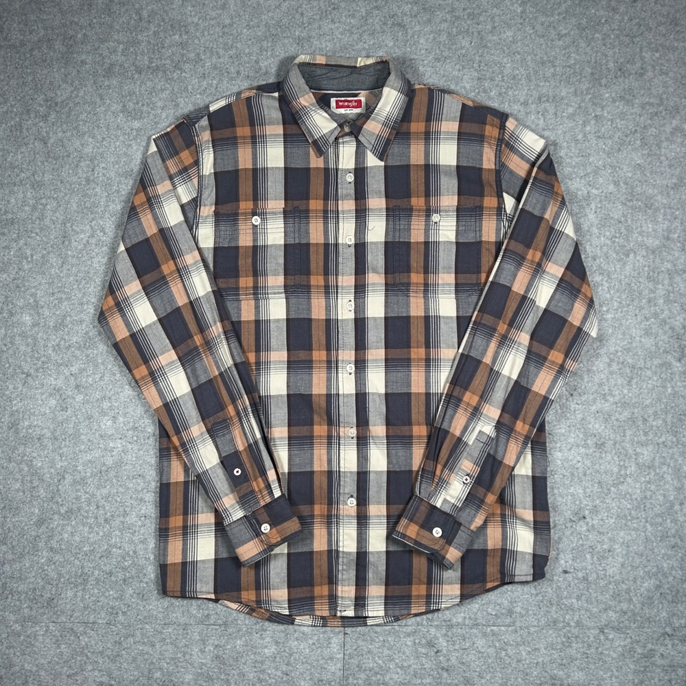 Wrangler button down shirt Mens Medium Brown Plaid Long Sleeve Workwear Outdoor